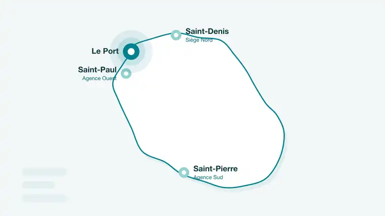 Carte de La Réunion avec Le Port mis en avant, desservi depuis l'agence Ouest d'Écureuil Digital à Saint-Paul (illustration)