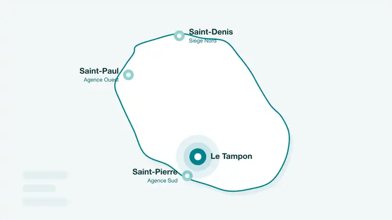 Carte de La Réunion avec Le Tampon mis en avant, desservi depuis l'agence Sud d'Écureuil Digital à Saint-Pierre (illustration)