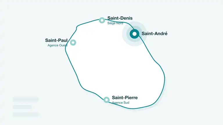 Carte de La Réunion avec Saint-André mis en avant, desservi depuis le siège Nord d'Écureuil Digital à Saint-Denis (illustration)