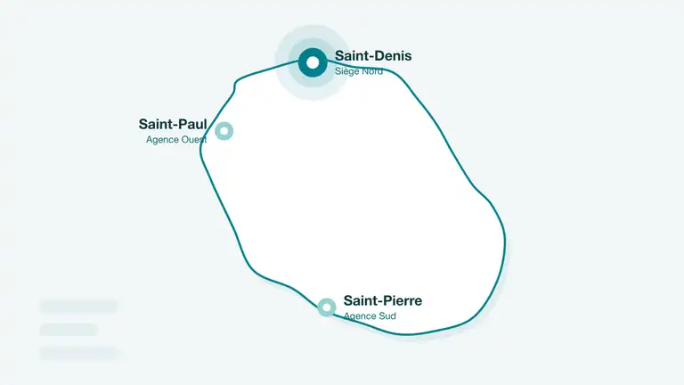 Carte de La Réunion avec Saint-Denis mis en avant, siège Nord d'Écureuil Digital, et les agences de Saint-Paul et Saint-Pierre (illustration)