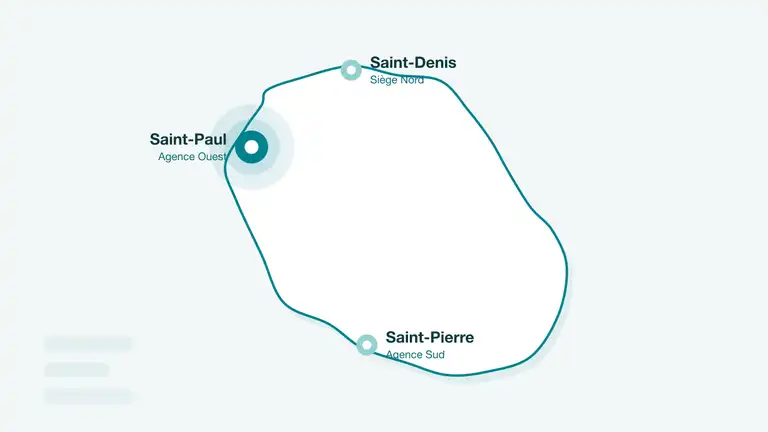 Carte de La Réunion avec Saint-Paul mis en avant, agence Ouest d'Écureuil Digital, et les agences de Saint-Denis et Saint-Pierre (illustration)