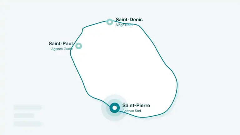 Carte de La Réunion avec Saint-Pierre mis en avant, agence Sud d'Écureuil Digital, et les agences de Saint-Denis et Saint-Paul (illustration)