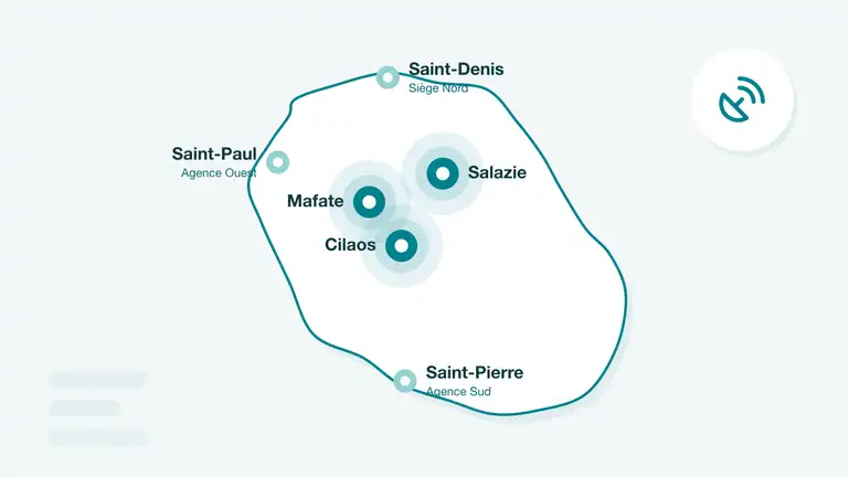 Carte de La Réunion avec les cirques de Cilaos, Salazie et Mafate mis en avant et une antenne satellite, des sites isolés à connecter à internet (illustration)