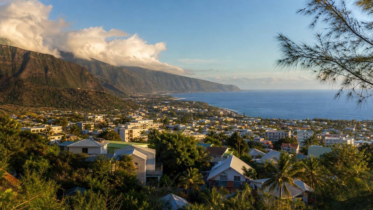 La côte de La Réunion vue des hauteurs, entre filaos, océan et montagnes (illustration)