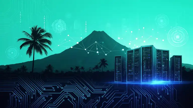 Des serveurs stylisés devant un volcan et des palmiers de La Réunion, les services informatiques d'Écureuil Digital (illustration)