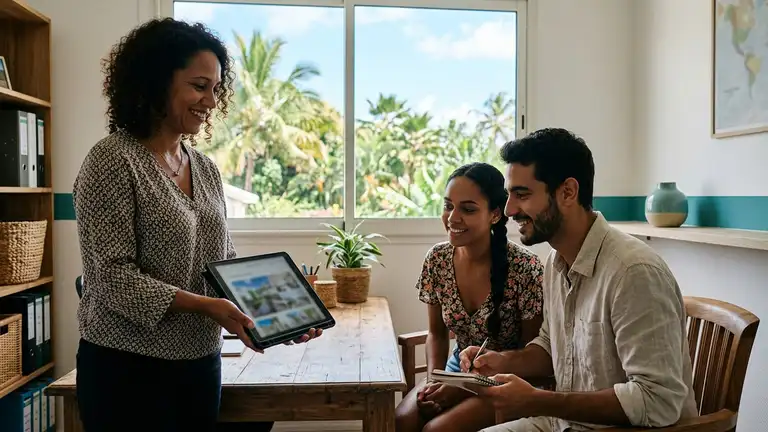 Une agente immobilière présente un bien sur tablette à un couple, dans une agence de La Réunion (illustration)