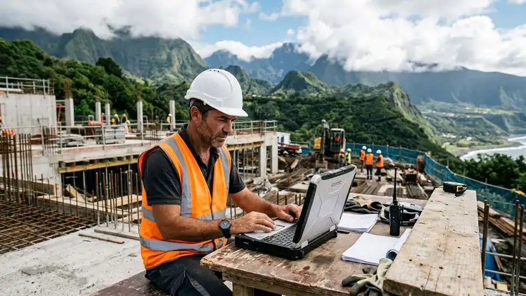 Un chef de chantier avec casque et gilet travaille sur un ordinateur portable durci, sur un chantier dans les hauts de La Réunion (illustration)