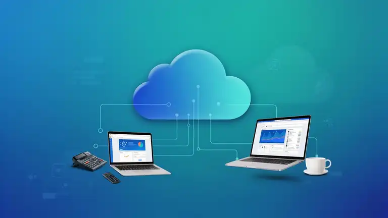 Un nuage relié à un ordinateur portable, un téléphone et un écran, le bureau Microsoft 365 d'une entreprise (illustration)