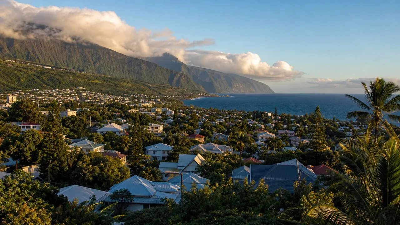 Vue sur une ville de la côte de La Réunion, entre montagne et océan (illustration)
