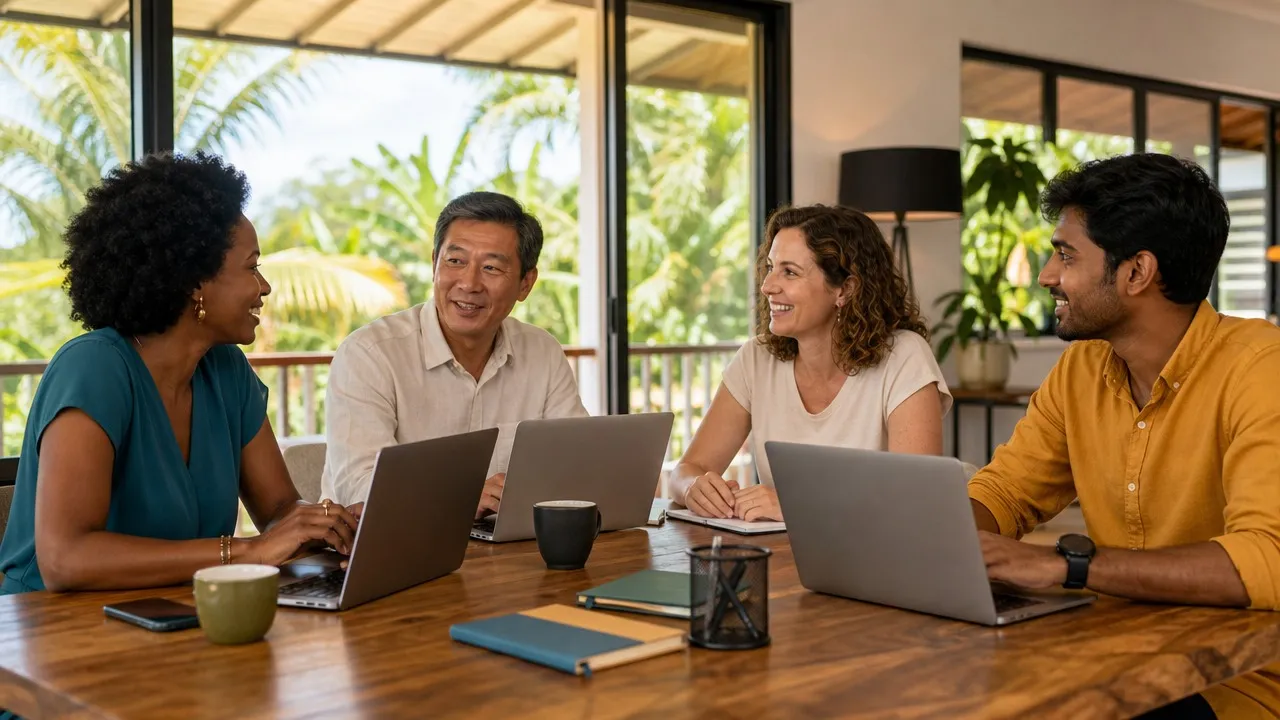 Une équipe échange autour de ses ordinateurs portables dans un bureau de La Réunion (illustration)