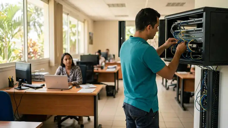 Un technicien vérifie les câbles d'une baie réseau pendant qu'une salariée attend à son poste, dans un bureau de La Réunion (illustration)