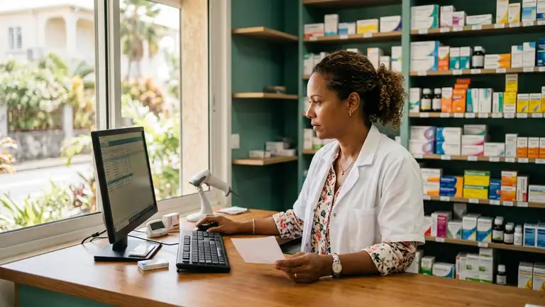 Une pharmacienne vérifie une commande sur l'ordinateur de son officine à La Réunion, les rayons de médicaments derrière elle (illustration)