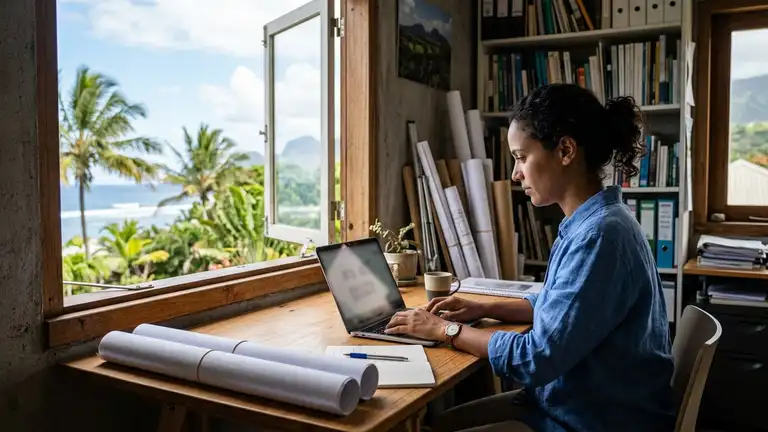 Une architecte travaille sur son ordinateur portable dans son cabinet, fenêtre ouverte sur le lagon de La Réunion (illustration)