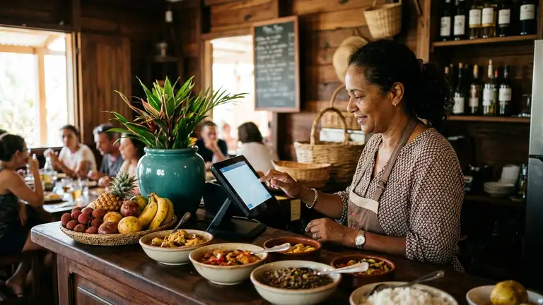 La gérante d'un restaurant créole encaisse sur une caisse tactile, à son comptoir à La Réunion (illustration)