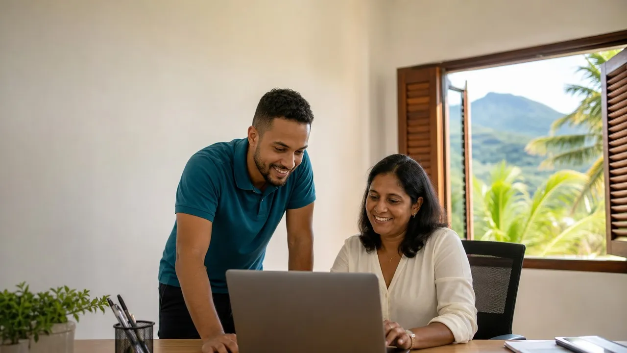 Un technicien aide une utilisatrice sur son ordinateur portable, dans un bureau de La Réunion (illustration)