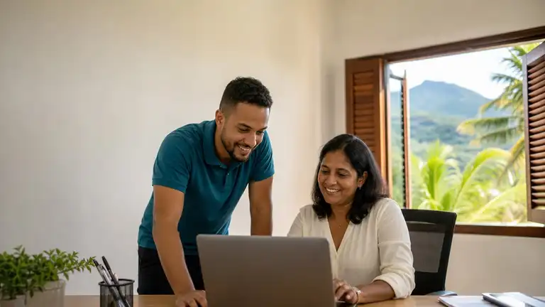 Un informaticien dépanne une utilisatrice sur son ordinateur portable, dans un bureau de La Réunion (illustration)
