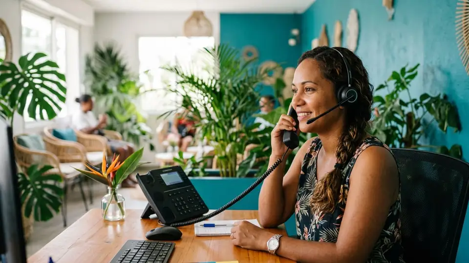 Une standardiste répond sur un téléphone IP de bureau avec son casque, à l'accueil d'une entreprise de La Réunion (illustration)
