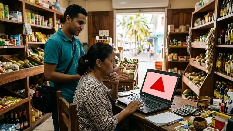 Une commerçante inquiète devant un ordinateur portable qui affiche un signal d'alerte, un technicien arrive pour l'aider, dans une boutique de La Réunion (illustration)