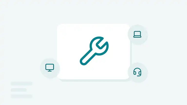 Une clé à molette entourée d'un ordinateur portable, d'un écran et d'un casque, la maintenance informatique d'une TPE (illustration)