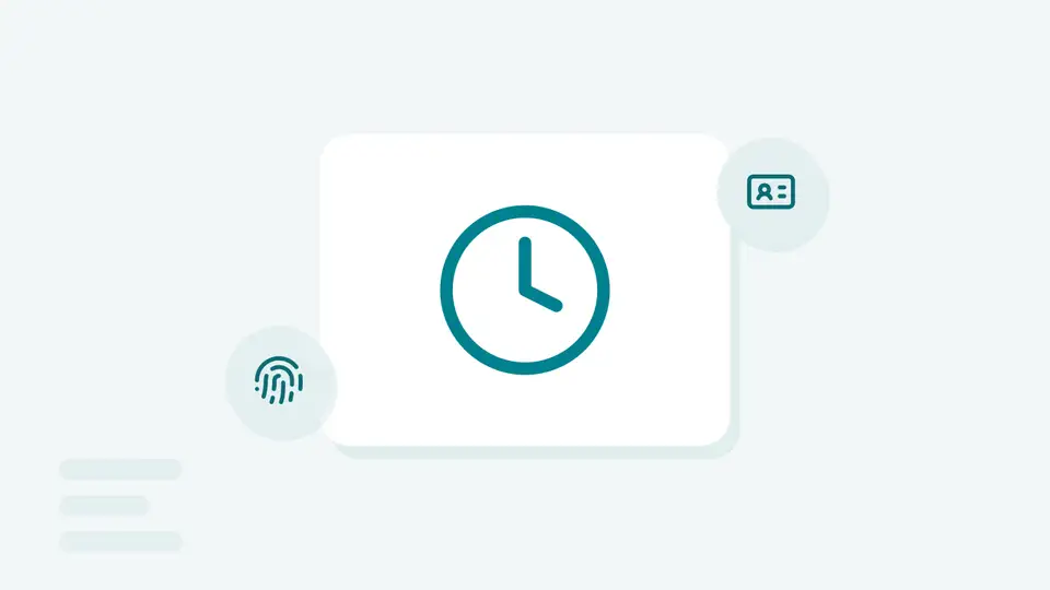 Une horloge entourée d'une carte d'identité et d'une empreinte digitale, une pointeuse badgeuse sans abonnement (illustration)