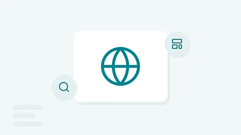 Un globe entouré d'une maquette de page et d'une loupe, la création d'un site internet d'entreprise (illustration)