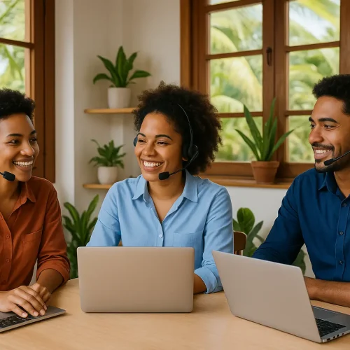 Trois professionnels créoles collaborent dans un espace lumineux et tropical pour garantir un service client réactif et personnalisé.