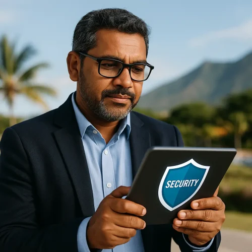 Un professionnel expérimenté consulte les dispositifs de sécurité sur tablette dans un cadre réunionnais, assurant ainsi la confiance numérique de ses partenaires.