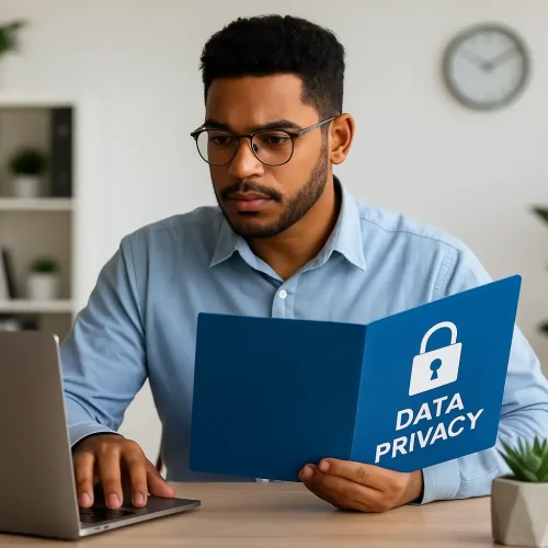 Un professionnel réunionnais étudie les politiques de confidentialité pour assurer la conformité et la protection des données de son entreprise.