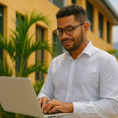 Un technicien réunionnais effectue des opérations de maintenance sur ordinateur dans un environnement tropical, garantissant la performance des infrastructures informatiques.